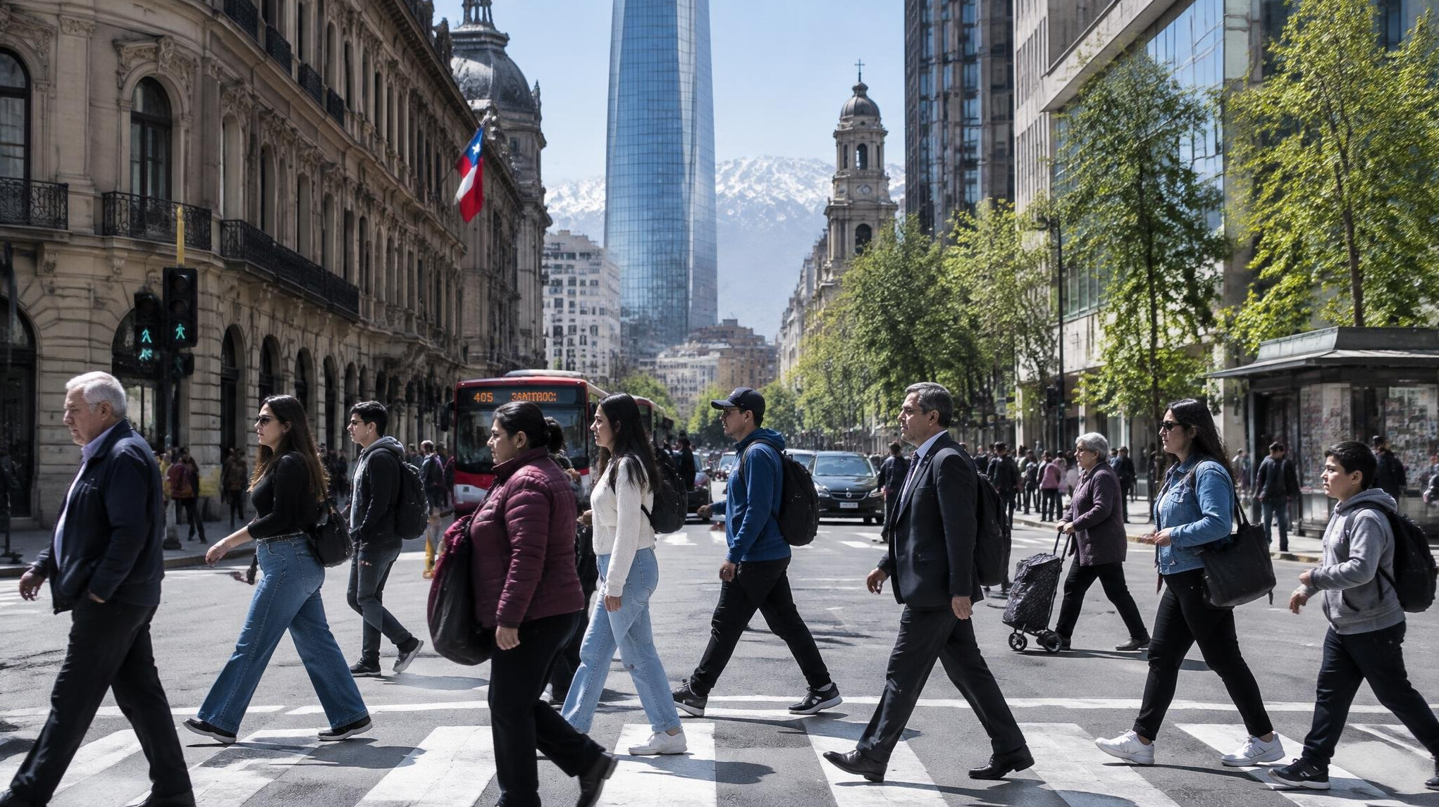 People crossing a busy street in downtown Santiago, Chile
